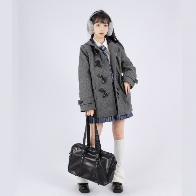 即納 ダッフルコート 学生 ウール90% スクールコート 女子 レディース 冬 制服 ロング コート ウールコート 厚手 高校生 中学生 ロングコート フード付き アウター 暖か ャコール グレー ブ