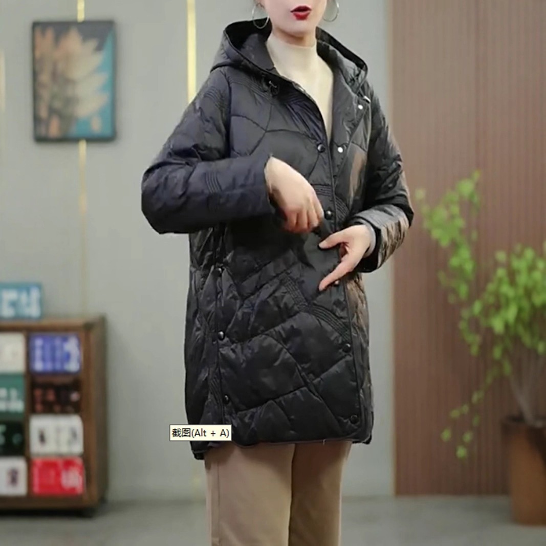 スタイルの女性用ミドル丈ダウンジャケット薄いフード付き保温2026韓国版ホワイトダックダウンエンボス