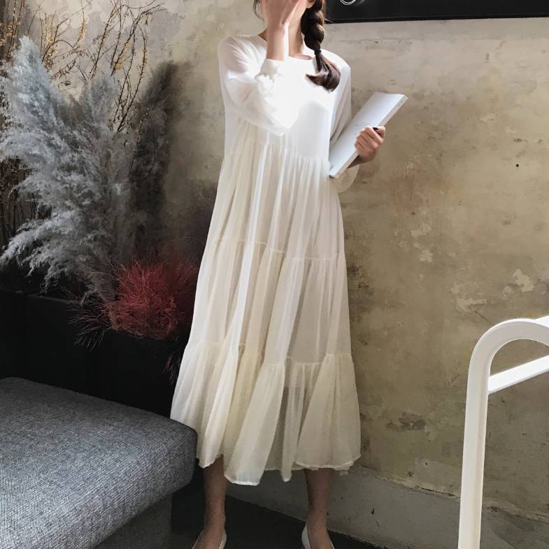 レディース スカート ワンピース プルオーバー ロングスカート ミモレ 長袖 ラウンドネック シフォン 透け感 薄手 かわいい 大人可愛い きれいめ シンプル カジュアル おしゃれ レトロ こな