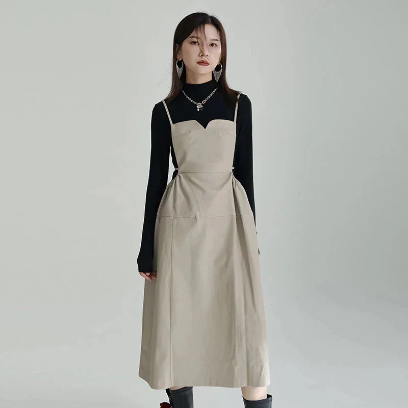 秋冬 新作 おしゃれ 気質 ウエスト引き締め ワンピース PU キャミワンピース ロングワンピース 高級感 ワンピースキャミワンピース ヘビロテ！キャミワンピース