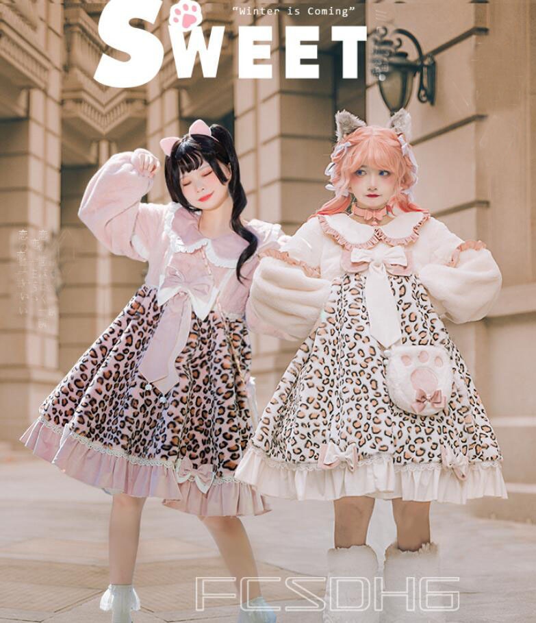 もこもこ ロリータ ワンピース 長袖 厚手 秋冬 膝丈 可愛い ロリータ服 Lolita ワンピース＋バッグ2点SET 裾フリル 大きいリボン ヒョウ柄 Aライン ゆったり 起毛 暖かい ふわふわ 甘