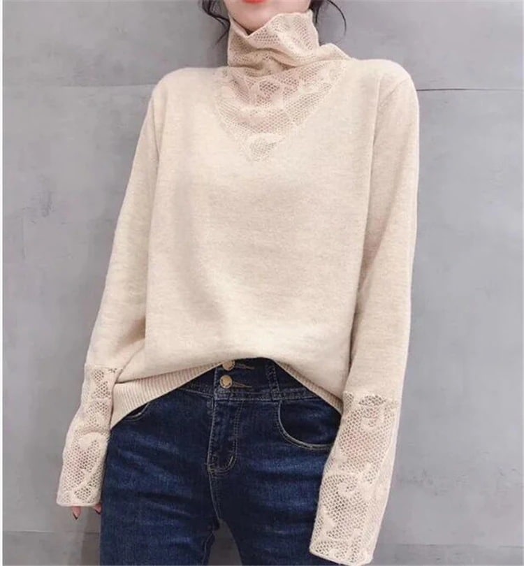 メガ割 タートルネック ニット スリムフィット痩身内側テイク 着用 長袖 セーター レース 縫付 ボトミングシャツ レディース 5,012円