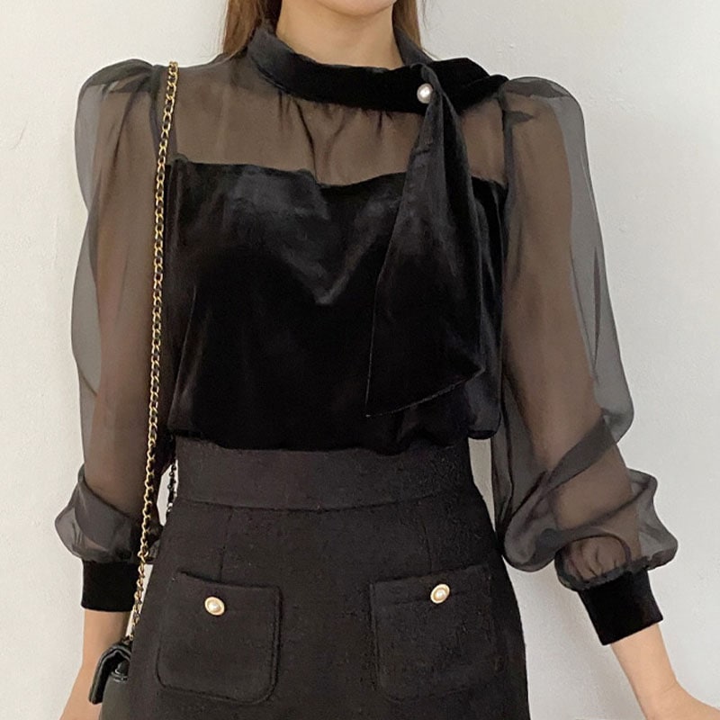 2color パール付き 異素材ミックス．コンビ素材 シースルー ベルベット素材 パフスリーブ 女性らしい, フェミニンな ブラウス
