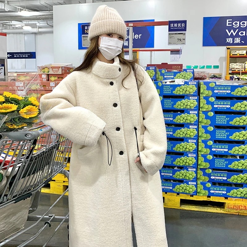 韓国コクーン緩いドローストリングファーワン2024新しい甘いファッション襟ラムウールコート