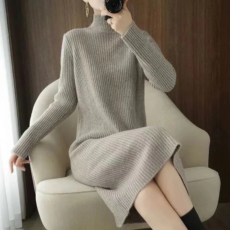 ドレス 韓国ファッション ベーシックニットハイネック ワンピース ニットワンピース セクシー ワンピース インナー 着痩せ セミロング ワンピース 冬のワンピース