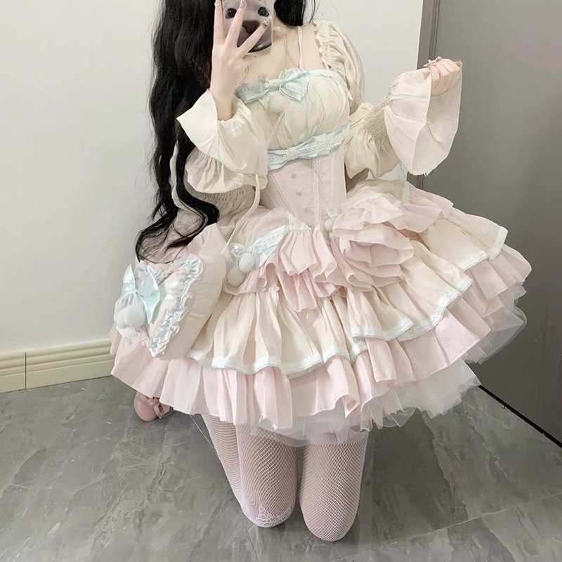 甘さ減齢ロリータ重工リボン衝突色ワンピース女春秋つづりウエスト洋風ポンポンスカート