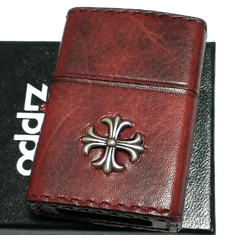 ZIPPO ライター 本牛革巻き ヴィンテージレッド Leather Cross ジッポ レザー クロス 十字架 赤 シンプル 牛革 かっこいい おしゃれ メンズ 男性 ギフト プレゼント