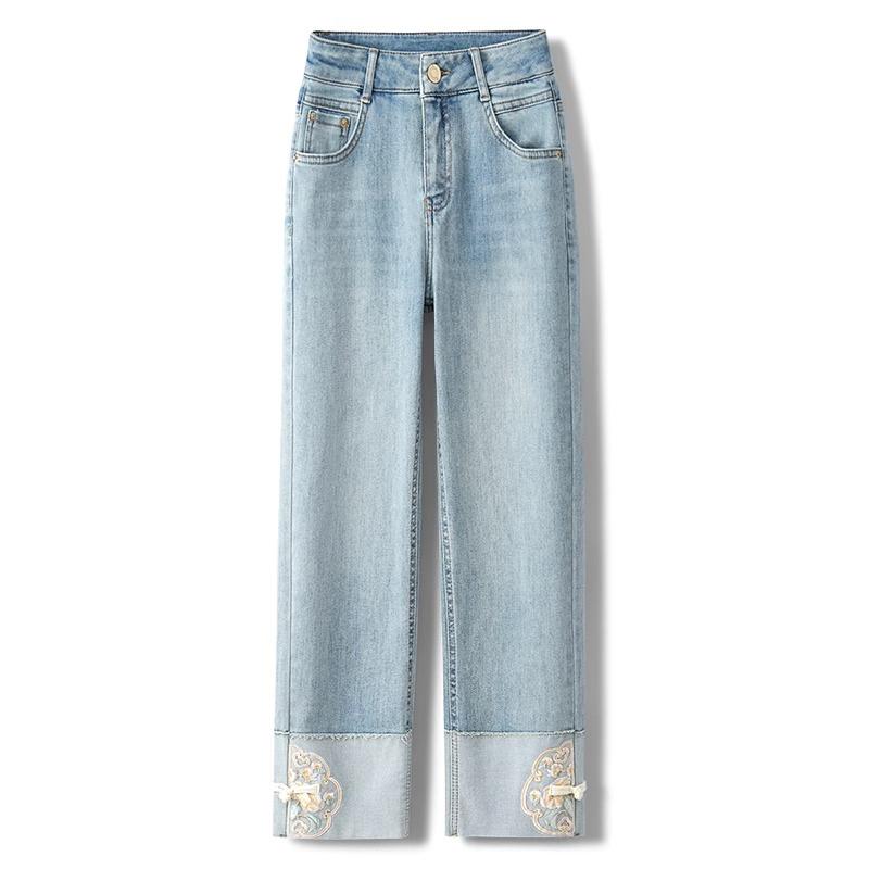 レディース ファッション カジュアル おしゃれ チャイナ風 刺繍 ストレート シガレットパンツ ジーンズ 夏 薄手 涼しい 涼しい 小さめ 九分丈 パンツ