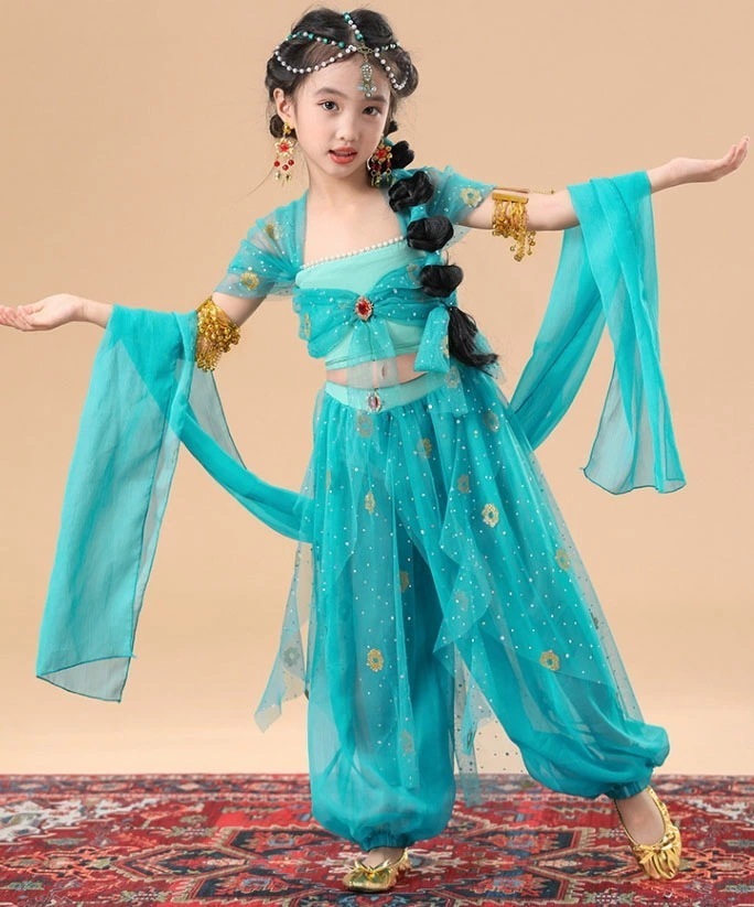 迅速な出荷 子供 アラビアン コスチューム 女の子 お姫様 アラビアン 全身 変身 変装 コスプレ 衣装 ブルー 半袖 ショート丈トップス スカーフ付き アラジンパンツ プリンセス 中華アラビアン 古