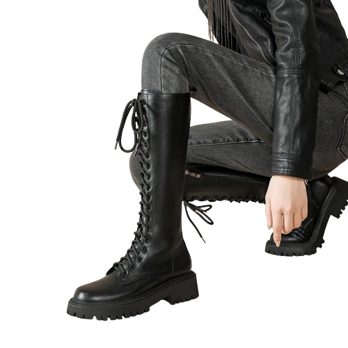 本革ロングブーツ女性英倫秋冬ただし膝マーティン靴紐厚底サイドジッパーナイトブーツ