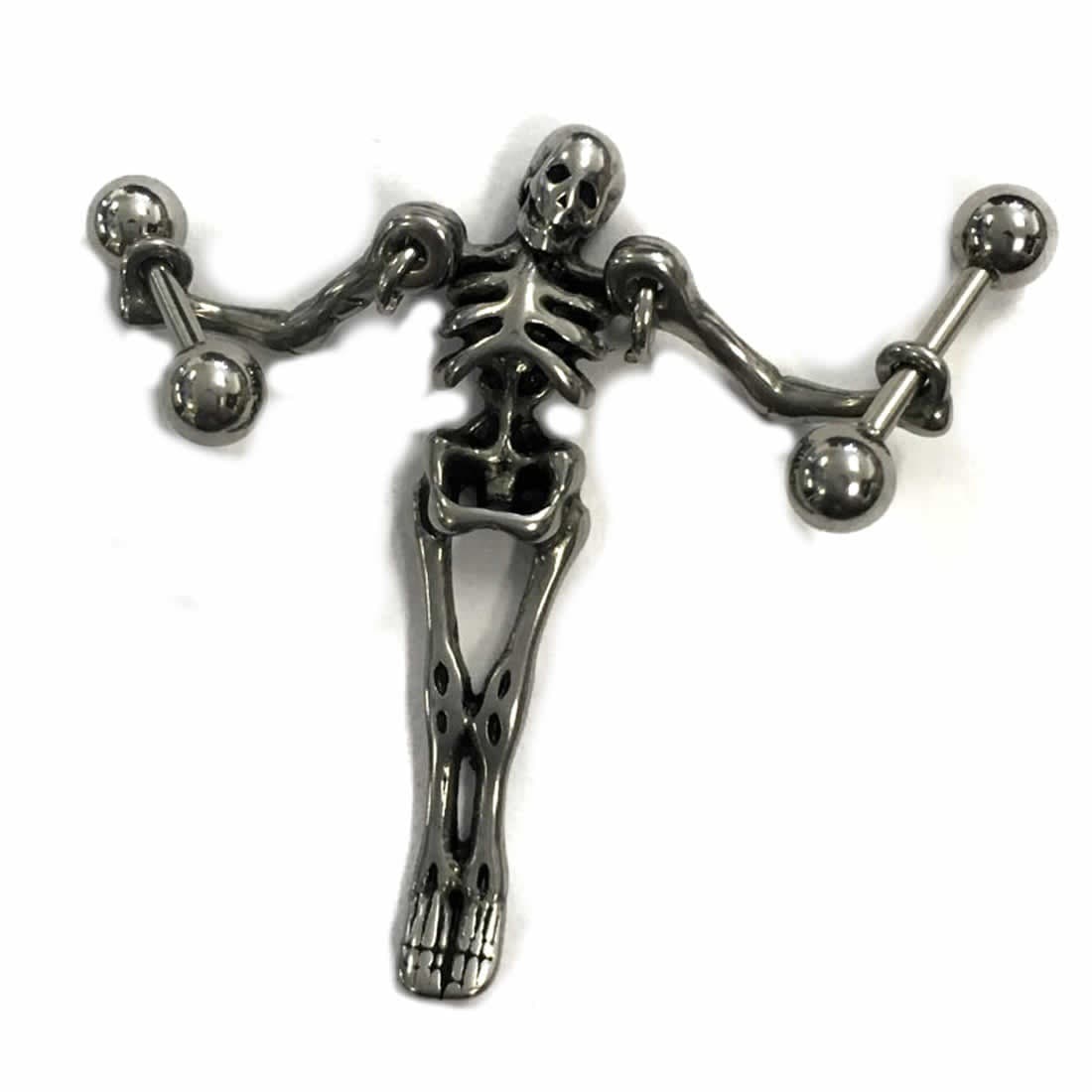 ボディピアス 16G ダンベルスカルバーベル 2個 ダブル 16ゲージ 鉄アレイ 骸骨 繋ぐ 筋トレ