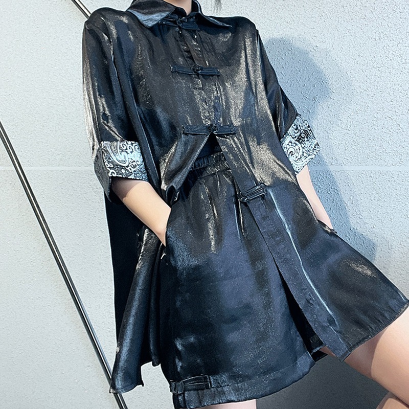 セットアップショートパンツ 夏 チャイナ風服 普段着 改良唐装アウター シャツ 半袖 カーディガン レディース 黒 薄手