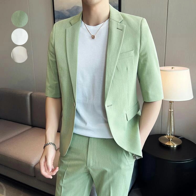 韓国風 カジュアルスーツ 夏 メンズスーツ ビジネス スタイリッシュ スーツセット 通勤 セットアップ シングルスーツ スーツ 半袖 2点セット ジャケット パンツ 上下セット スリムスーツ 結婚式