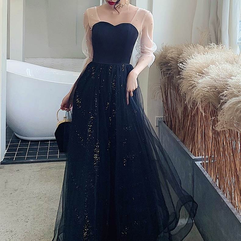 期間限定 ドレス レディース パーティードレス フォーマルドレス イブニングドレス カジュアル Aライン ロング パール キラキラ シフォン 透け感 シースルー スクエアネック ハートカット 袖あり