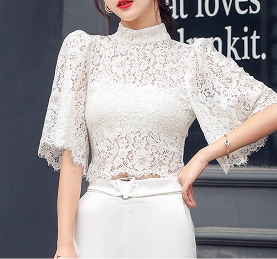 レディース トップス ブラウス ショート 半袖 5分袖 フレアスリーブ ハイネック スリム 細身 レース ファスナー レースアップ 透け感 かわいい 大人可愛い 上品 おしゃれ ガーリー 主役級 6,003円