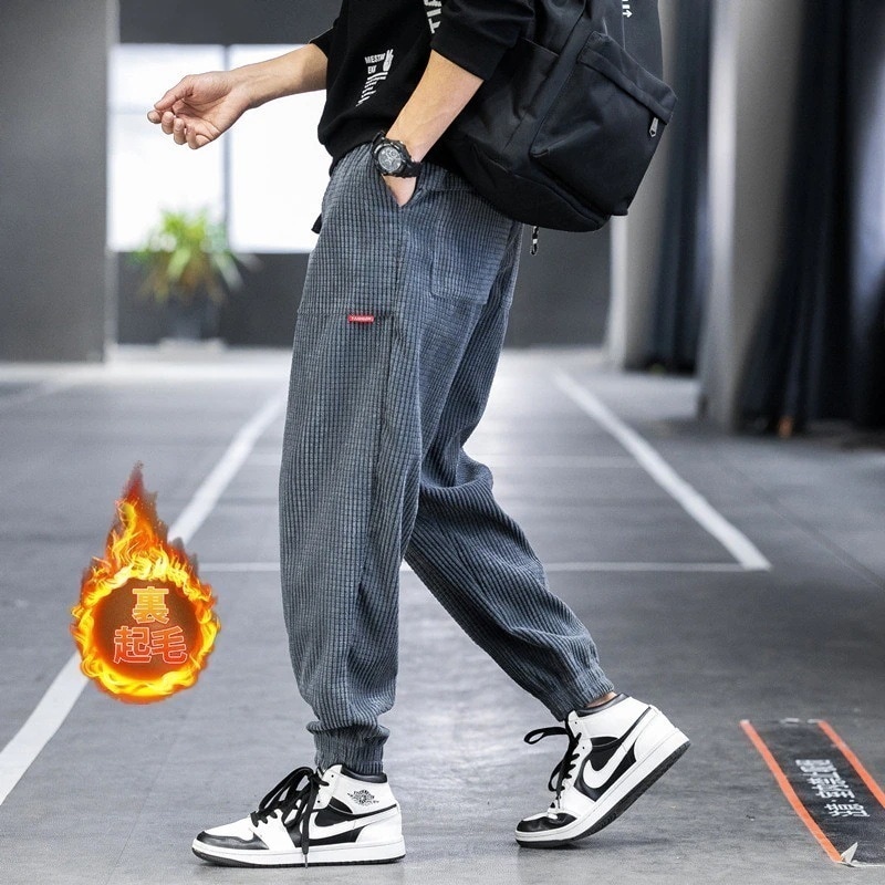 サルエルパンツ裏起毛暖かいジョガーパンツワッフル生地コーデュロイパンツメンズ秋冬カジュアルパンツゆったりボトムスファッション