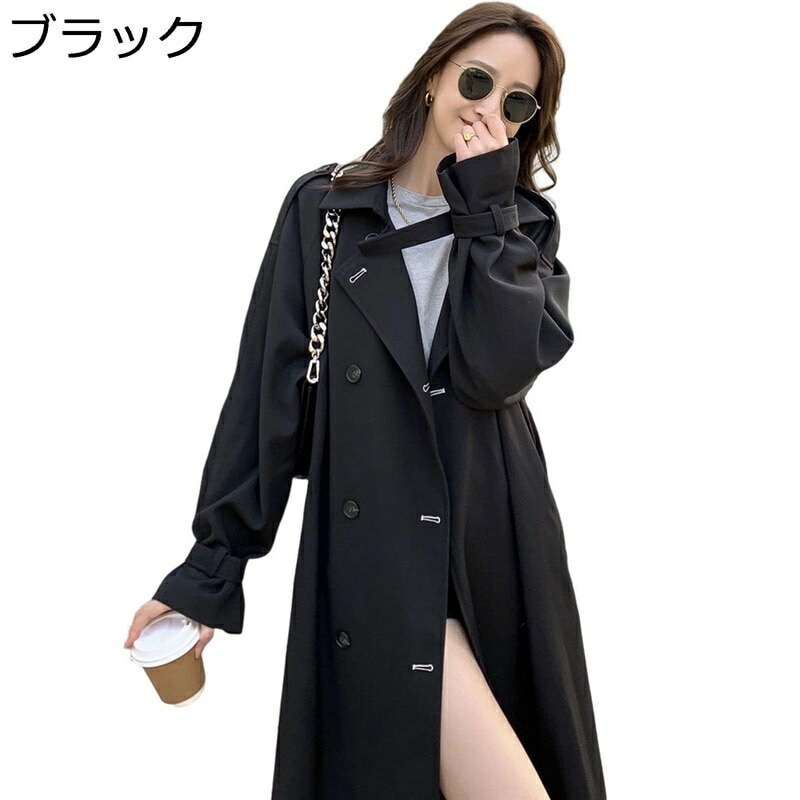 春秋 トレンチコート レディース スプリングコート ロングコート ベルト付き aライン アウター テーラード ジャケット 長袖 カジュアル 女性 通勤 春 秋 きれいめ かわいい 着痩せ ブラック