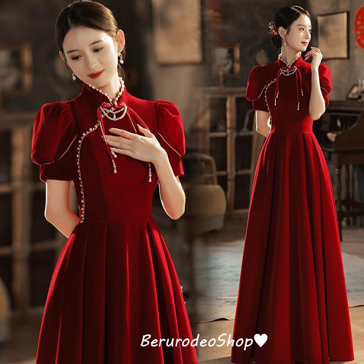 送料無料 結婚式ドレス 二次会ドレス ワイン赤 ベロア ベルベット ロングドレス 立ち襟 チャイナ風ドレス ワインレッド パール オシャレ ゲストドレス ロング パフスリーブ イブニングドレス パーテ 7,929円