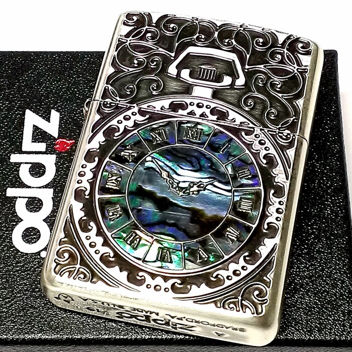 ZIPPO アーマー ジッポ ライター シェルウォッチ シルバーイブシ 天然貝象嵌 シェルインレイ 両面加工 アンティーク かっこいい おしゃれ メンズ レディース