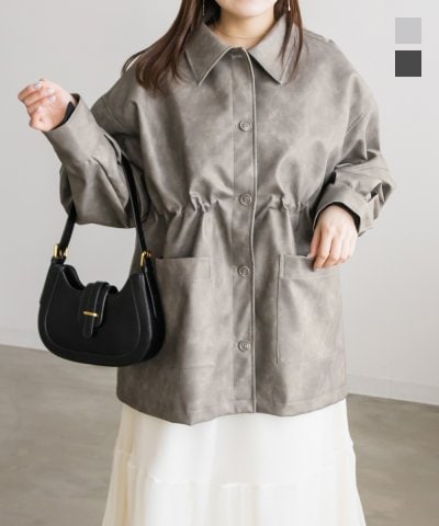 大きいサイズ レディース LL 3L 4L XL XXL XXXL ウエストドロストフェイクレザージャケット