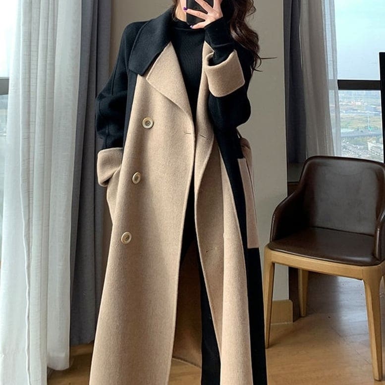 レディース バイカラーロングチェスターコート ウール混バイカラーダブルロングコート 66