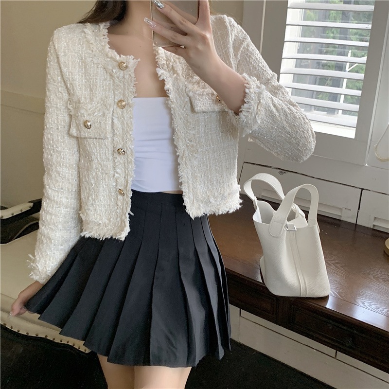 ツイードジャケット アウター ジャケット 上着 ノーカラージャケット ショート ショート丈 半端丈 長袖 ラウンドネック ノーカラー スリム ストレート 前開き ボタン ツイード かわいい 大人可愛い