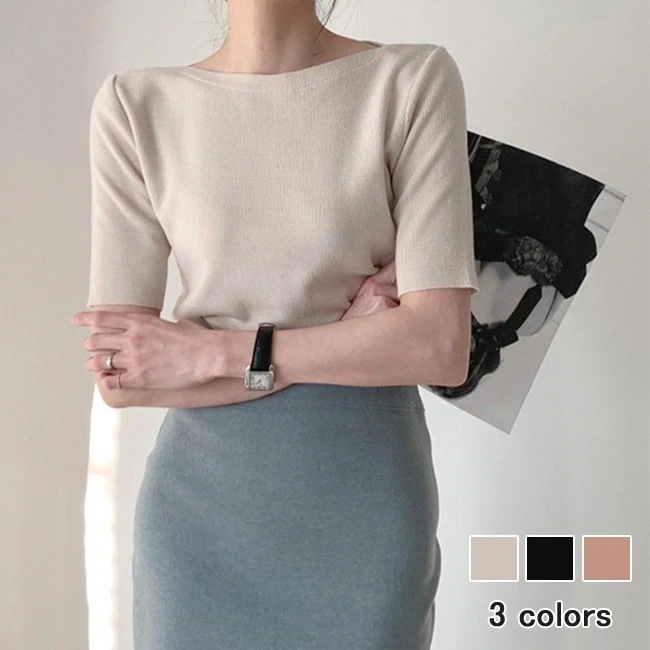 Tシャツ レディース 薄手ニット 5分丈袖 ニットTシャツ オフィス ボートネック 半袖Tシャツ 夏 トップス ニット 薄手 レトロ サマーTシャツ