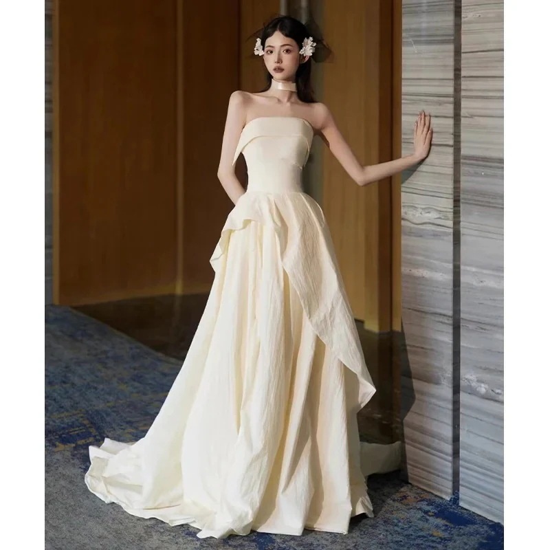 ドレス ワンピース チューブトップ サテン 軽めウェディング シンプル レトロ 白 お色直し 発表会 結婚式 ドレス お呼ばれパーティー ドレス