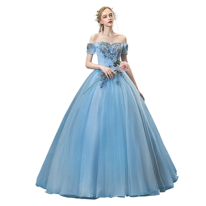 水色　ブルー　オフショルダー　カラードレス　二次会ドレス　パーティードレス　ウェディングドレス　演出舞台　発表会　演奏会用ドレス ロングドレス プリンセスライン　司会　ステージ衣装・二次会・花嫁衣裳