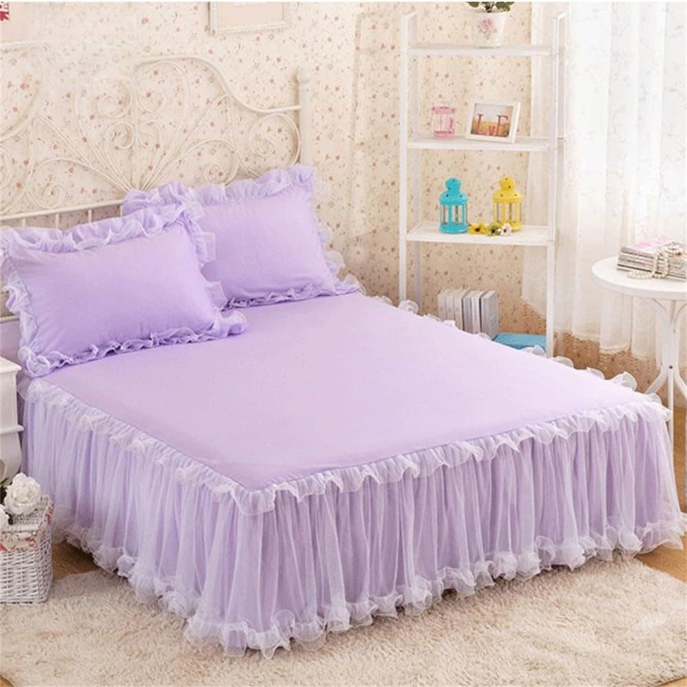 プリンセスベッドスカート ピンク ベッドスカート 無地 ベッドスプレッド ベッドカバー 滑り止めシーツ 枕カバー付き ベッドスプレッド パープル 200cm x 220cm 1枚
