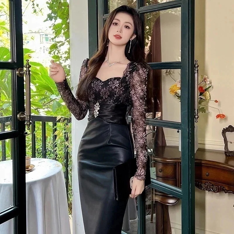 【急速出荷!】秋冬 PUレザー ワンピ レース ドッキング ハイウエスト パーティードレス キャバ 着痩せ 大人 同窓会 披露宴 卒業式 結婚式 演奏会 ウェディング 二次会 4,954円