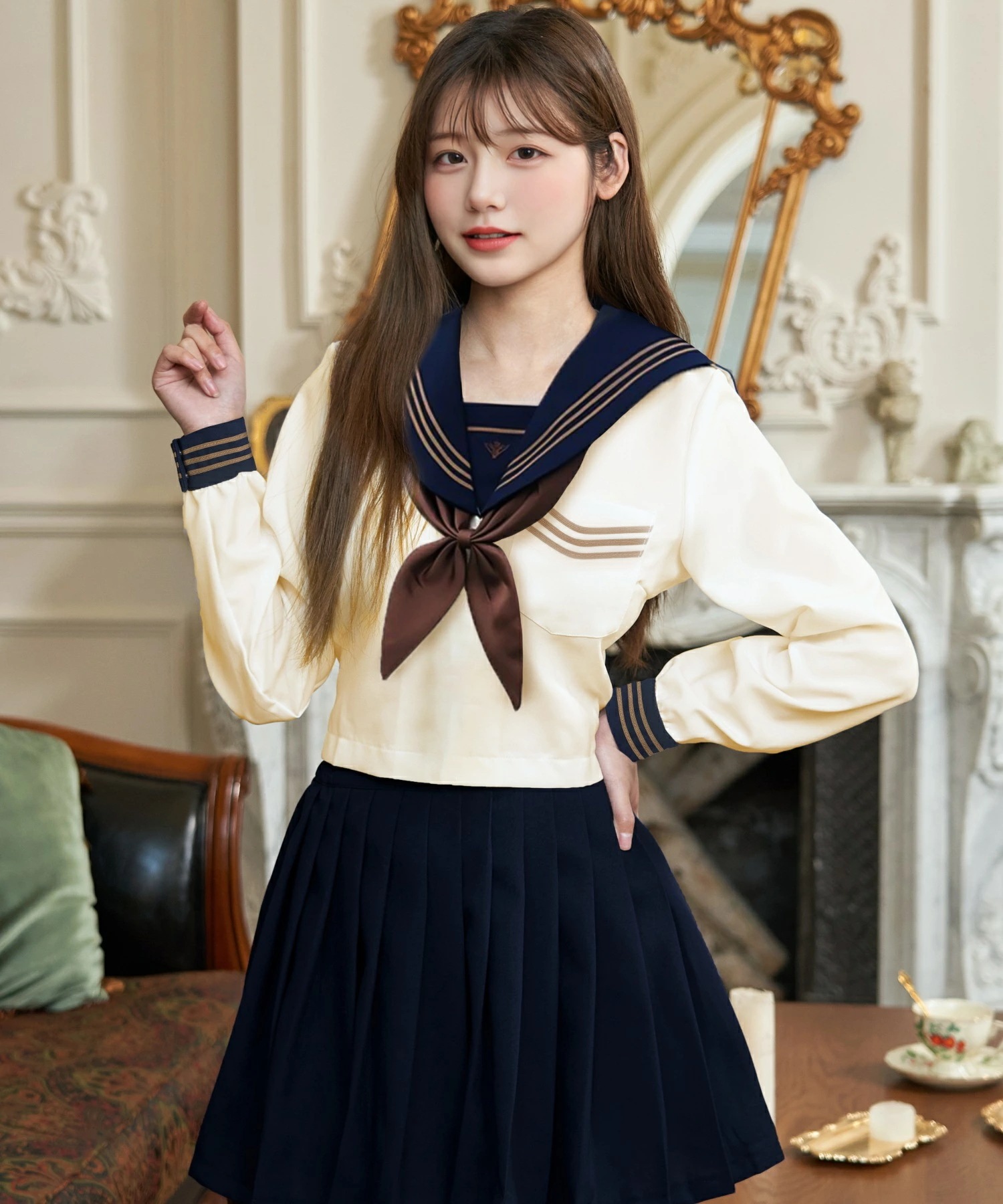 新品限時!優!惠! ハロウィン コスプレ 制服 セーラー服 長袖 ブラウス クロップド丈 スカート リボン セット 3点セット S M L 2L クリーム ベージュ ネイビー 女子高生 高校生 中学生