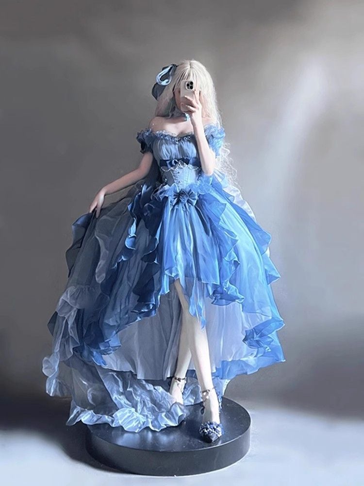 【2枚購入で 3oo円OFF！】青い花柄のウェディングドレスロリータドレスロリータヘビーインダストリーテールふわふわフロントショートバックロングプリンセススカート