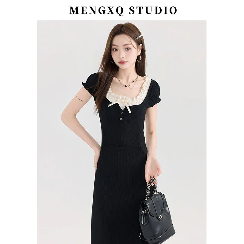 【急速出荷!】スクエアネックブラックフェイクツーピースドレス女性ロングドレスフレンチスリミングワンピース ワンピースレディース ドレス ロングワンピース ニットワンピース ワンピース レディースファッ