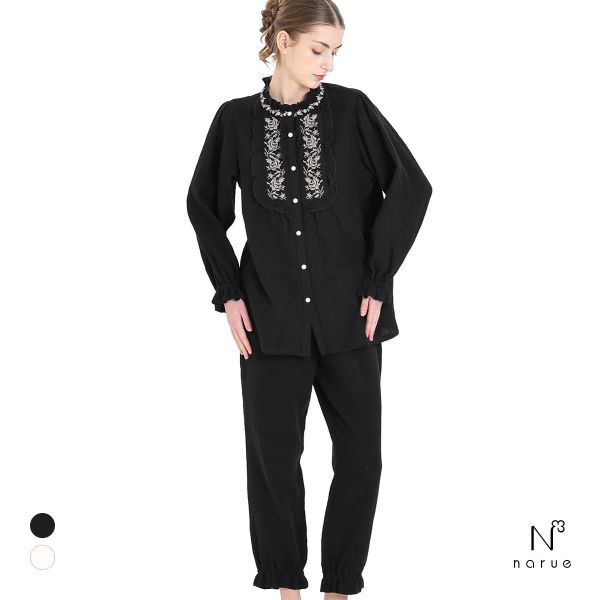 ナルエー パジャマ シュークリームガーゼRアンティーク刺繍パジャマ ルームウェア 上下セット 長袖