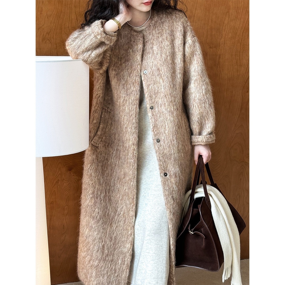 オールドマネースタイル秋冬ロングヘアウールコートレディースミディアムロングモヘアラウンドネックスーツウールジャケット9608