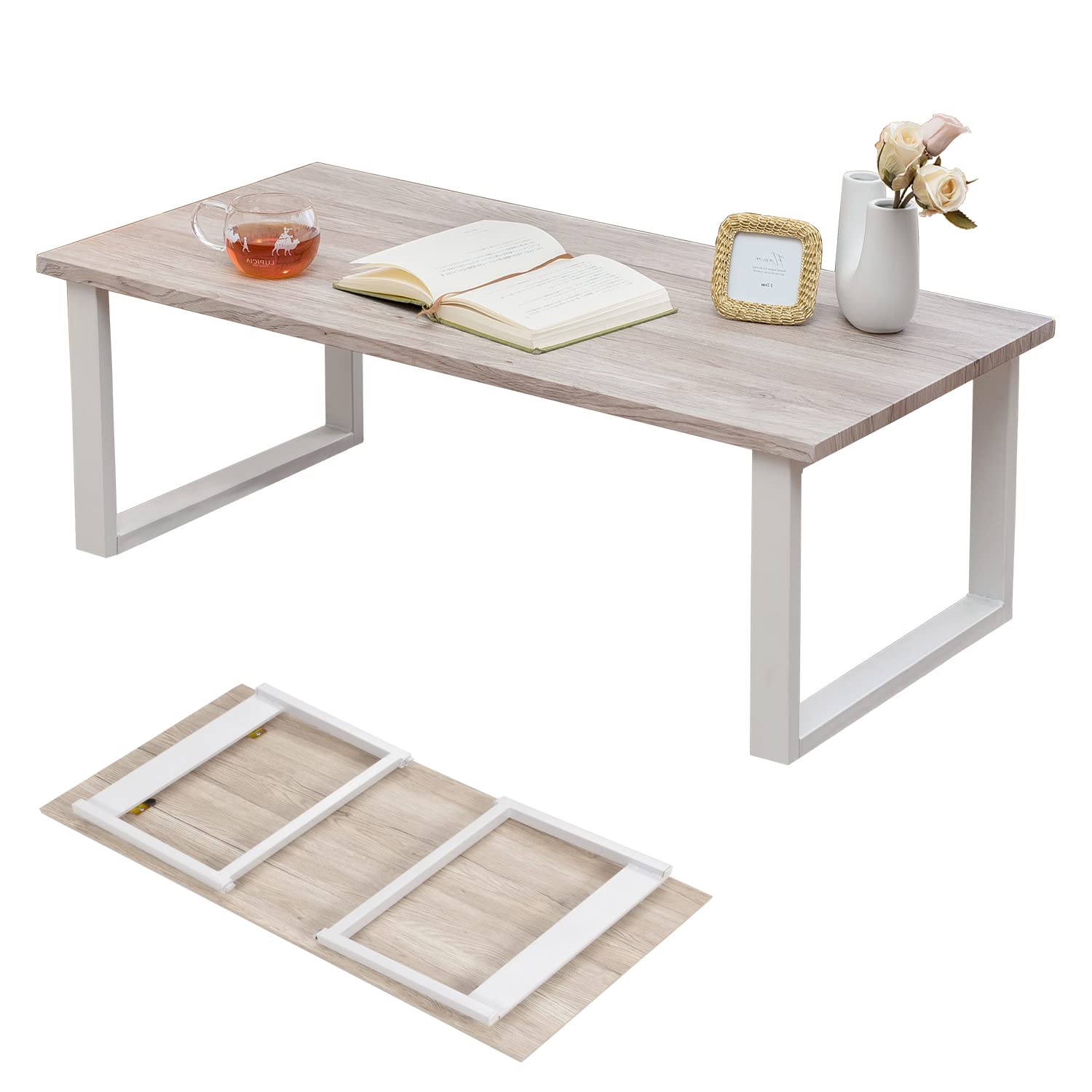 萩原(Hagihara) ローテーブル センターテーブル 折りたたみ テーブル 机 【木目調天板×スチール脚】 インダストリアル リビング ソファテーブル 幅90 ホワイト 白 頑丈 LT-4396W