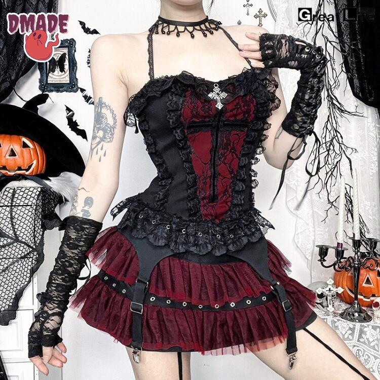 ハッピーハロウィン 新製品 最低価格 レディース 袖なし ゴシック トップス/スカート ブラック レッド 十字架 トップス ハロウィン コスプレ サブカル系ファッション チョーカー パーティー レース