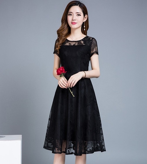 A1074.Uネックシースルーレースワンピース（ブラック）2019 春夏 sale 春夏 sale ドレス 半袖 フレア フリル エレガント お呼ばれ 結婚式 披露宴 パーティー 女子会 レストラン