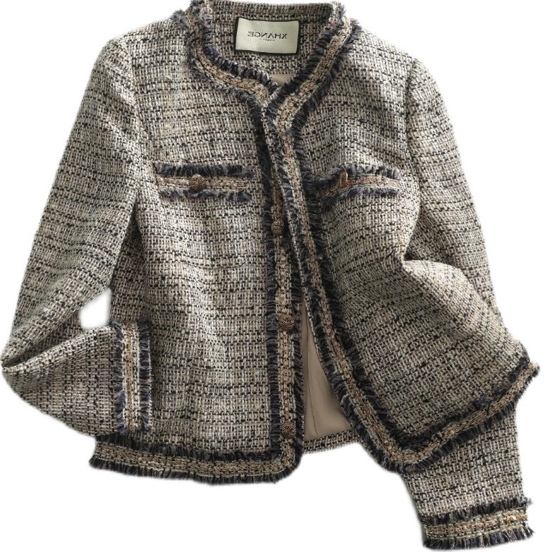 ツイードジャケット アウター ジャケット 長袖 ラウンドネック 前開き かわいい 大人可愛い