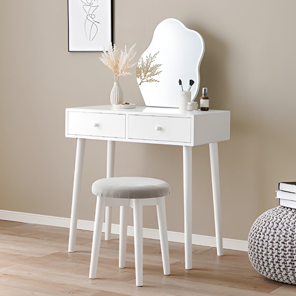 ドレッサー デスク スツール付き コンパクト 鏡台 椅子 セット ウェーブ ミラー 鏡付き 化粧台 メイク台 おしゃれ ホワイト 白 大人 可愛い 引き出し 収納