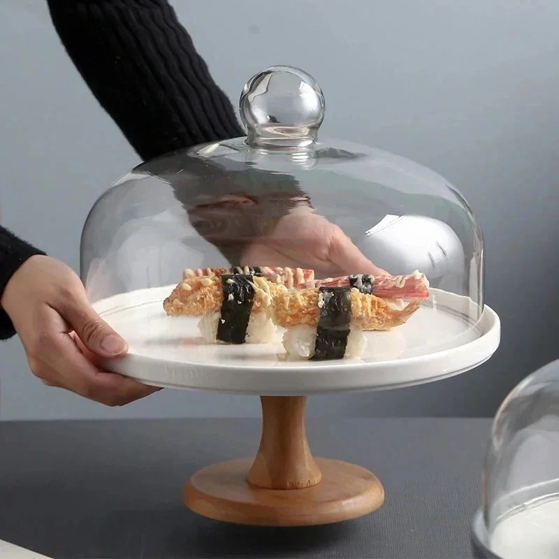 【幸運】陶磁器木底高足ケーキ皿ガラスカバーケーキトレイ果物皿蓋付きケーキ棚展示皿
