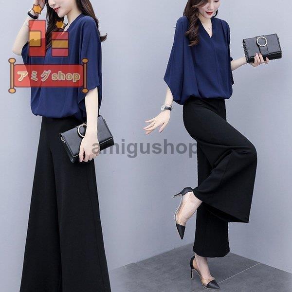 大きいサイズ 20代 上品 シフォン 着痩せ カジュアル 通勤 コーデ レディース 夏 韓国風 2点セット 半袖 40代 おしゃれ セットアップ ブラウス ガウチョパンツ