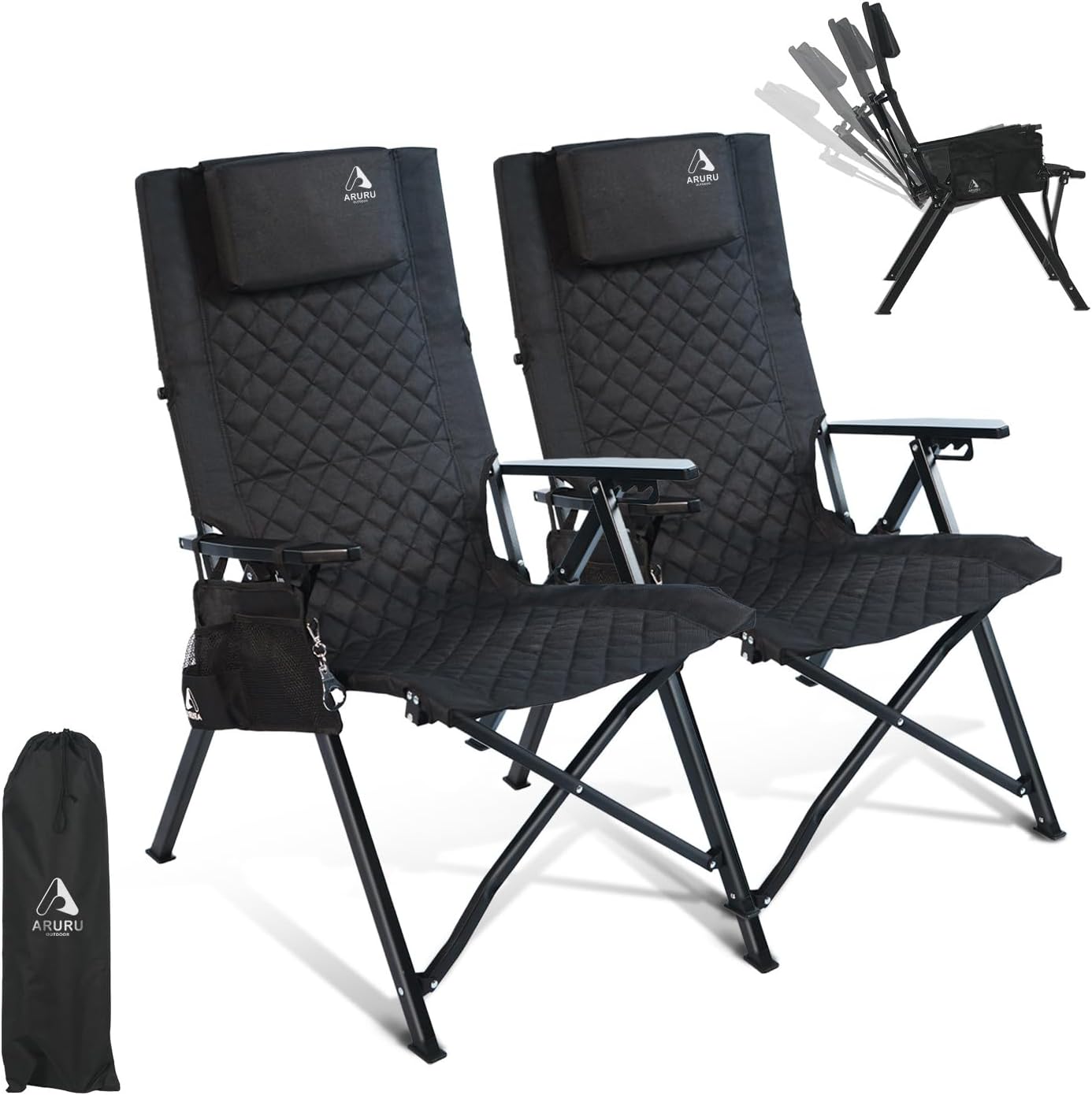 ARURU 2セット キャンプ用リクライニングチェアヘッドレスト付き4段階傾斜ハイバック椅子コンパクトに折りたたみ可能なアウトドアチェアそして便利な収納袋付き(ブラック) 11,235円