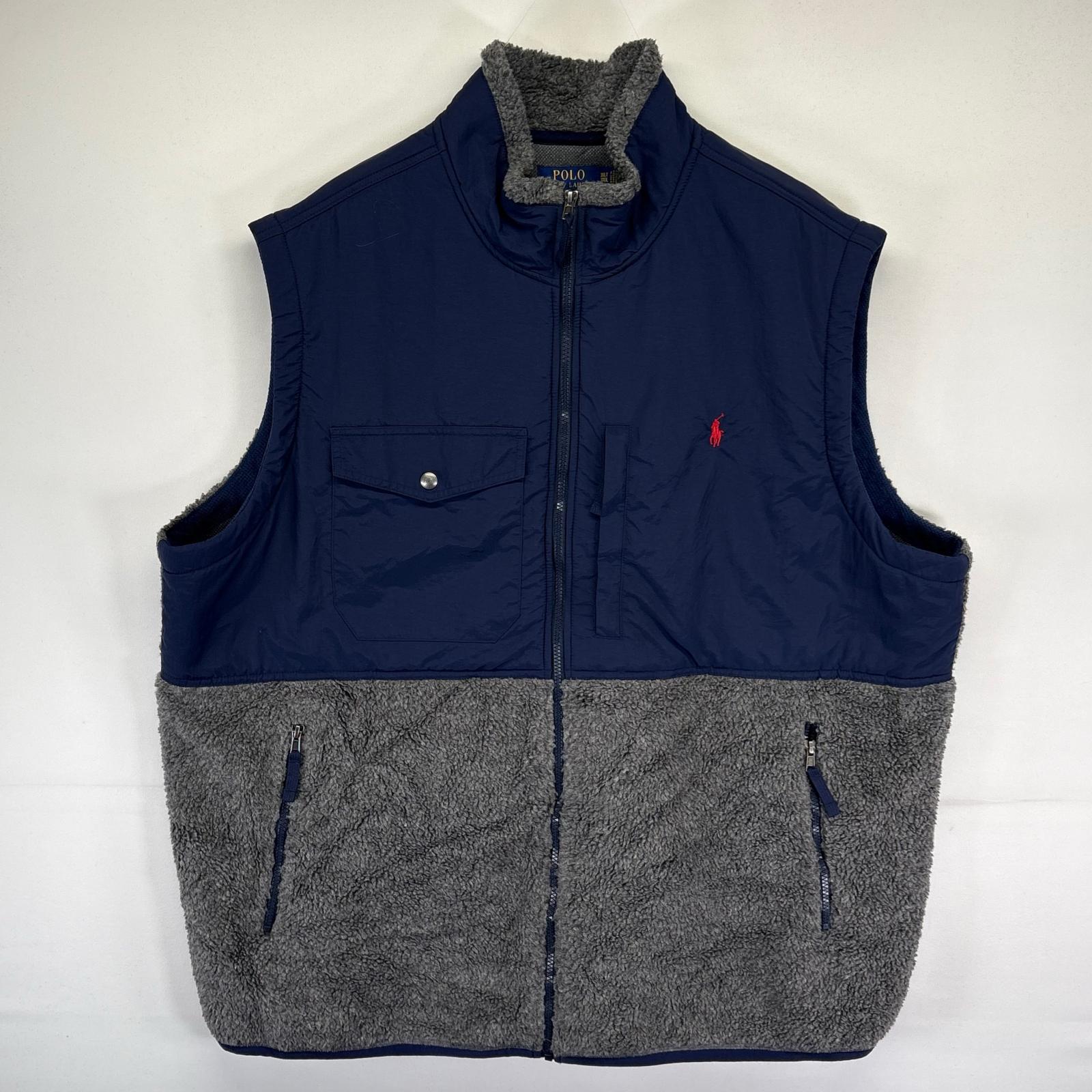 古着 フリース ベスト ボアライナー ナイロン切り替え 胸ポケット 3XL ネイビー系 メンズ