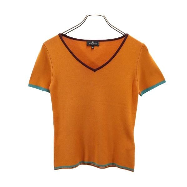 イタリア製 シルクブレンド 半袖 Vネック セーター 44 オレンジ ニット レディース