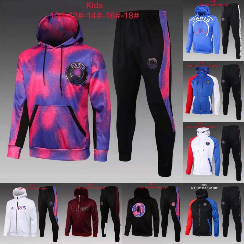 20-2子供用ロングプルハットパリジャケットジャージバルセロナサッカートレーニングウェアジャケット長袖スーツ