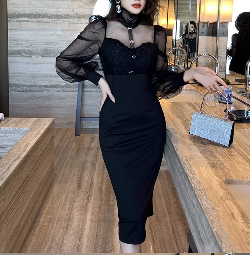 パーティードレス 結婚式 ドレス お呼ばれ長袖 ワンピース 膝丈 スリット キャバ 嬢　フォーマル ワンピ タイト 黒 結婚式 同窓会 卒業式 結婚式 演奏会 ウェディング 成人式 OL 正式 礼装