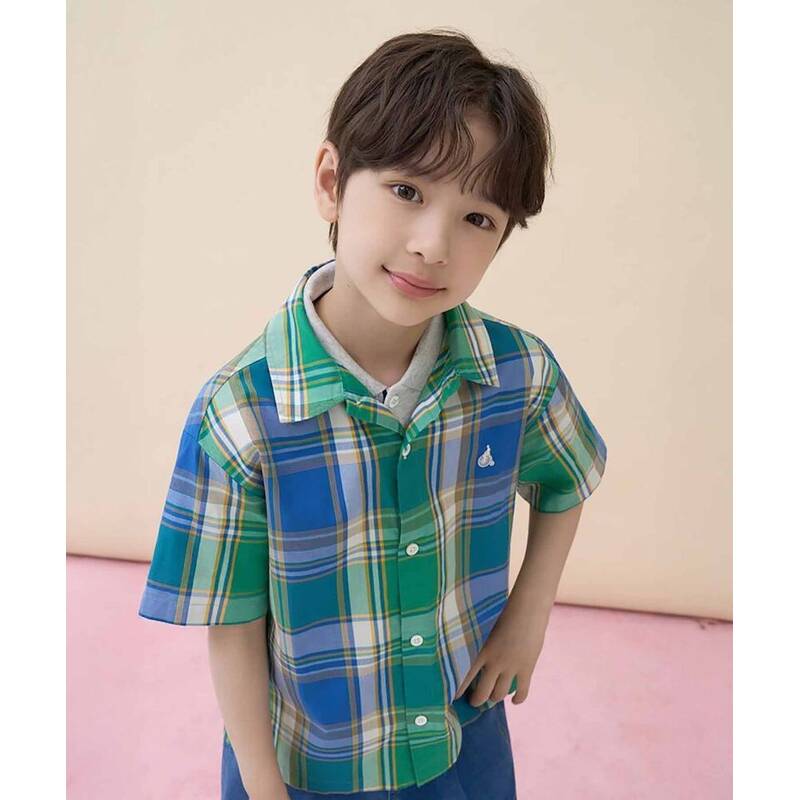 ビーンポールキッズ BEANPOLE KIDS マドラスチェック半袖シャツ グリーン (BI6565U01M) BI6565U01M 406155