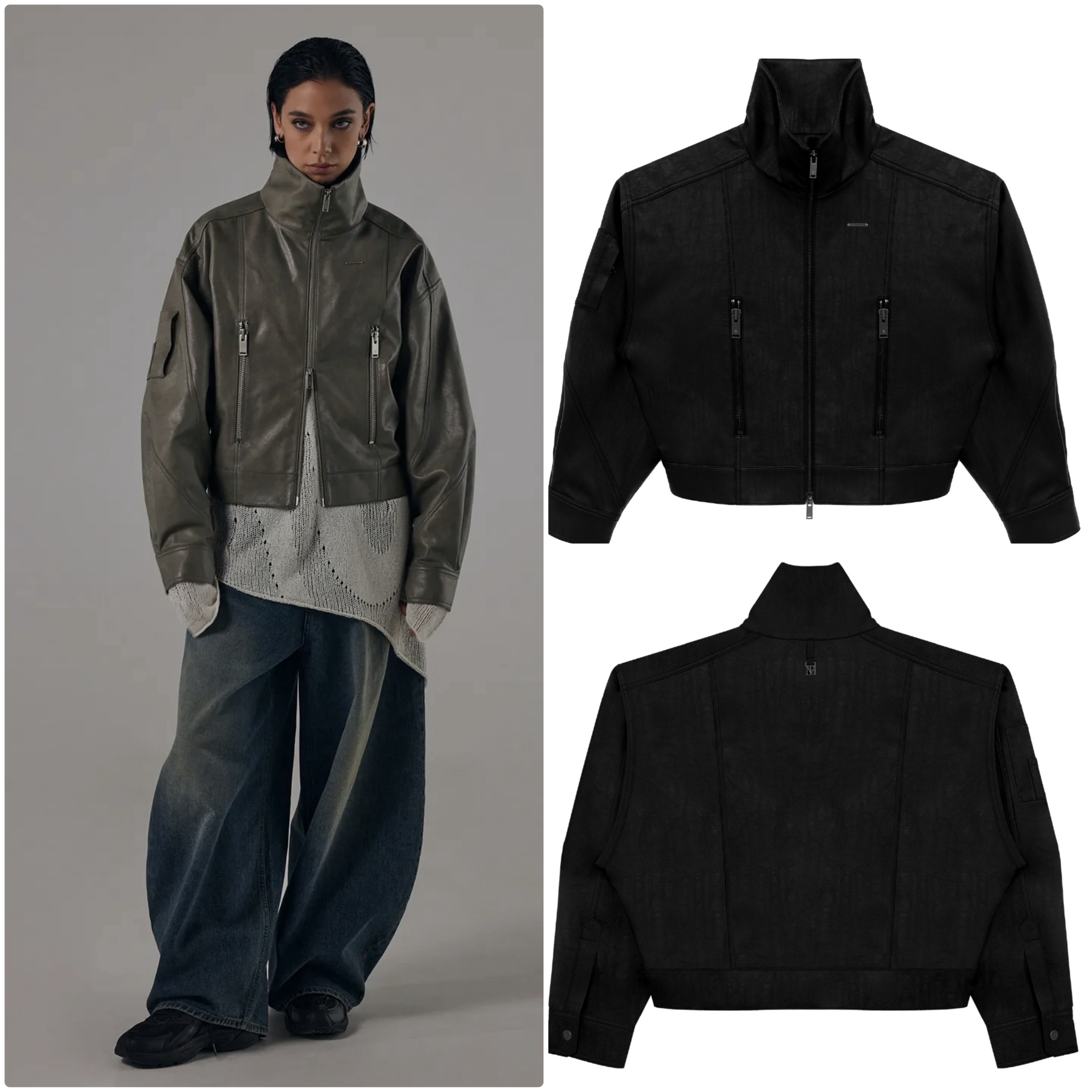 [TREEMINGBIRD]Bold Zip High-Neck Leather Jacket